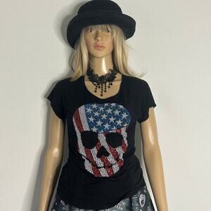 The Clas-Sic USA Rhinestone American Flag Skull Black Rayon Tee Size S Goth Y2K